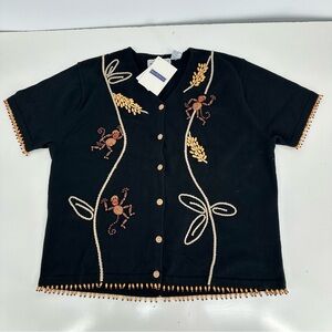 NEW BellePointe Black Jungle Monkey Themed Short Sleeve Cardigan Sweater Sz XXL